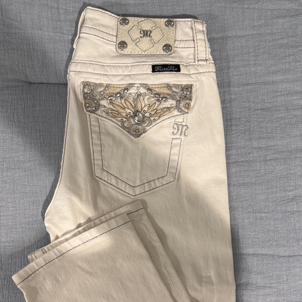 Miss Me Beige Boyfriend Capri Embellished Jeans